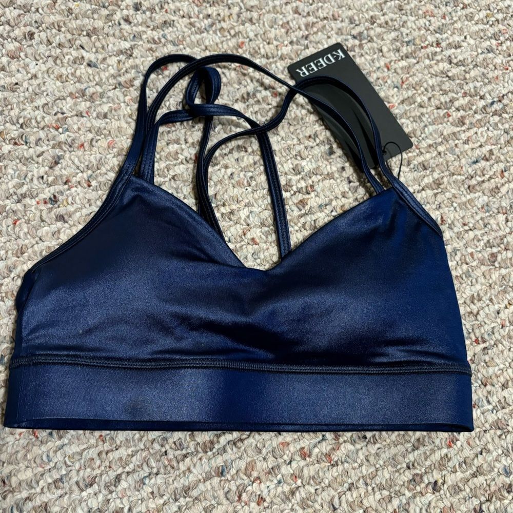NWT K-DEER Hi-Luxe Polished Criss Cross Sports Bra Bright Royal Blue Size Medium